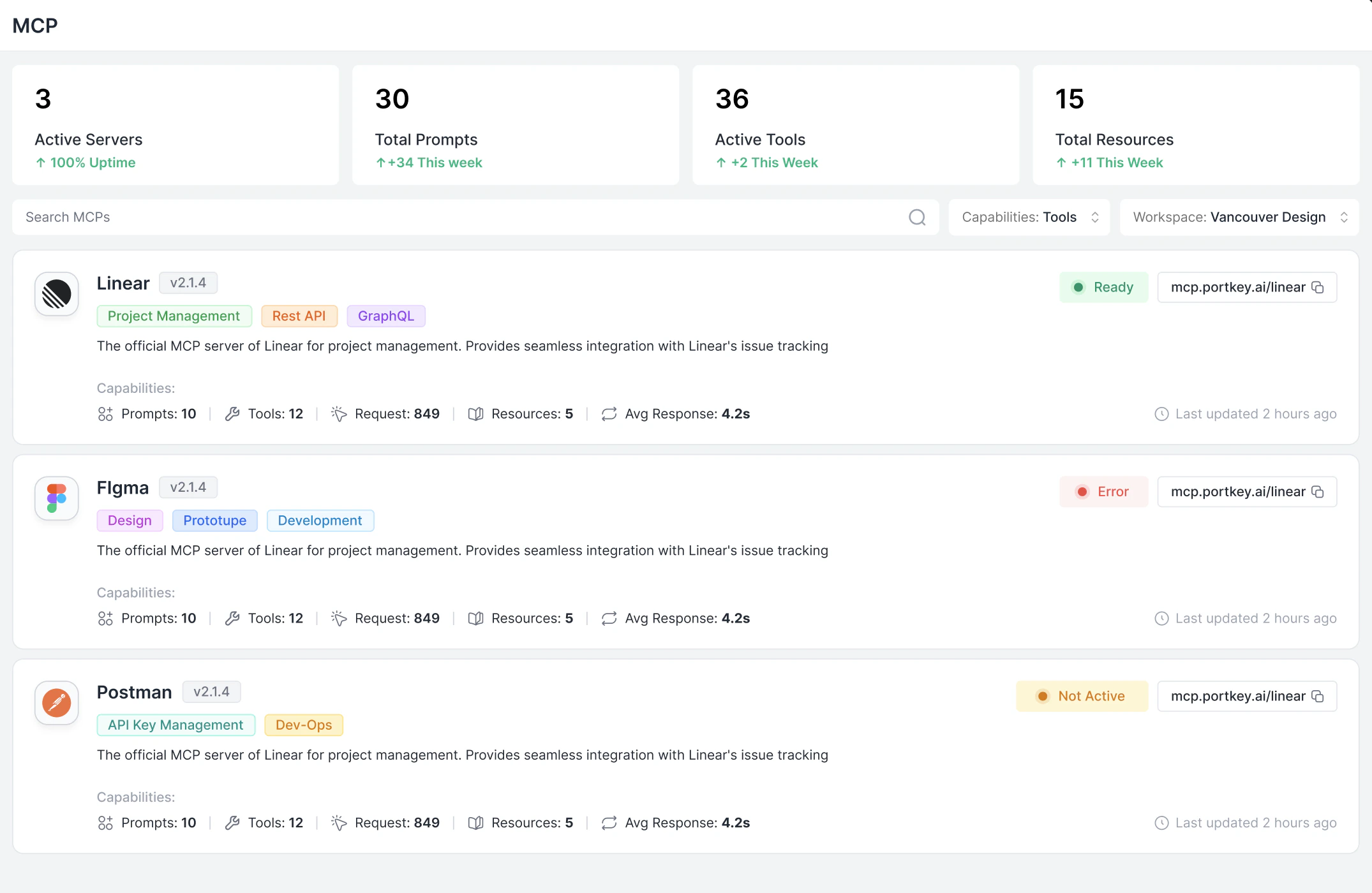 Workspace MCP page showing per-server connection URL