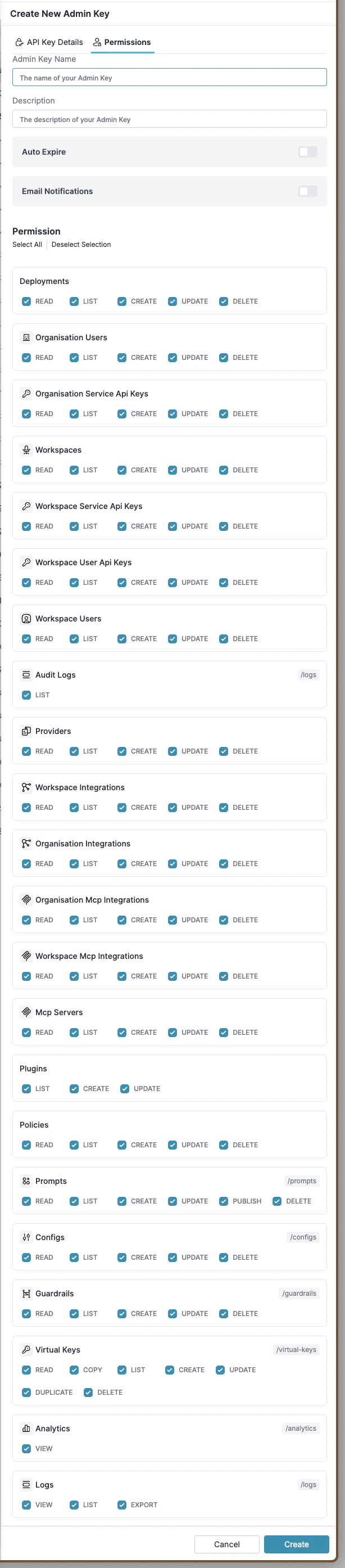 Admin API key permission scopes