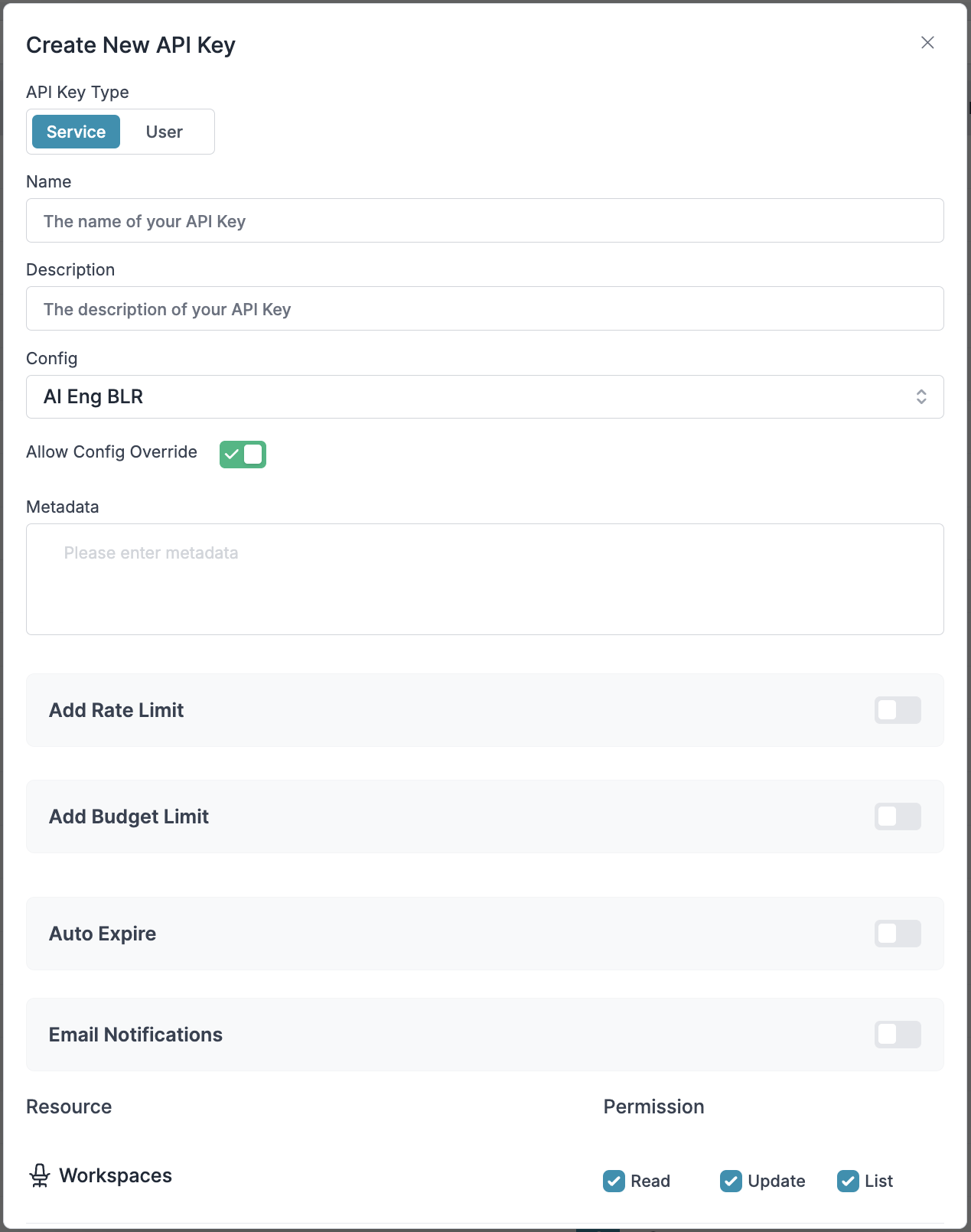 Admin API Key Config Selection