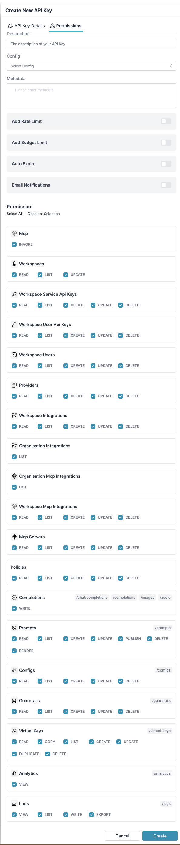 Workspace API key permission scopes