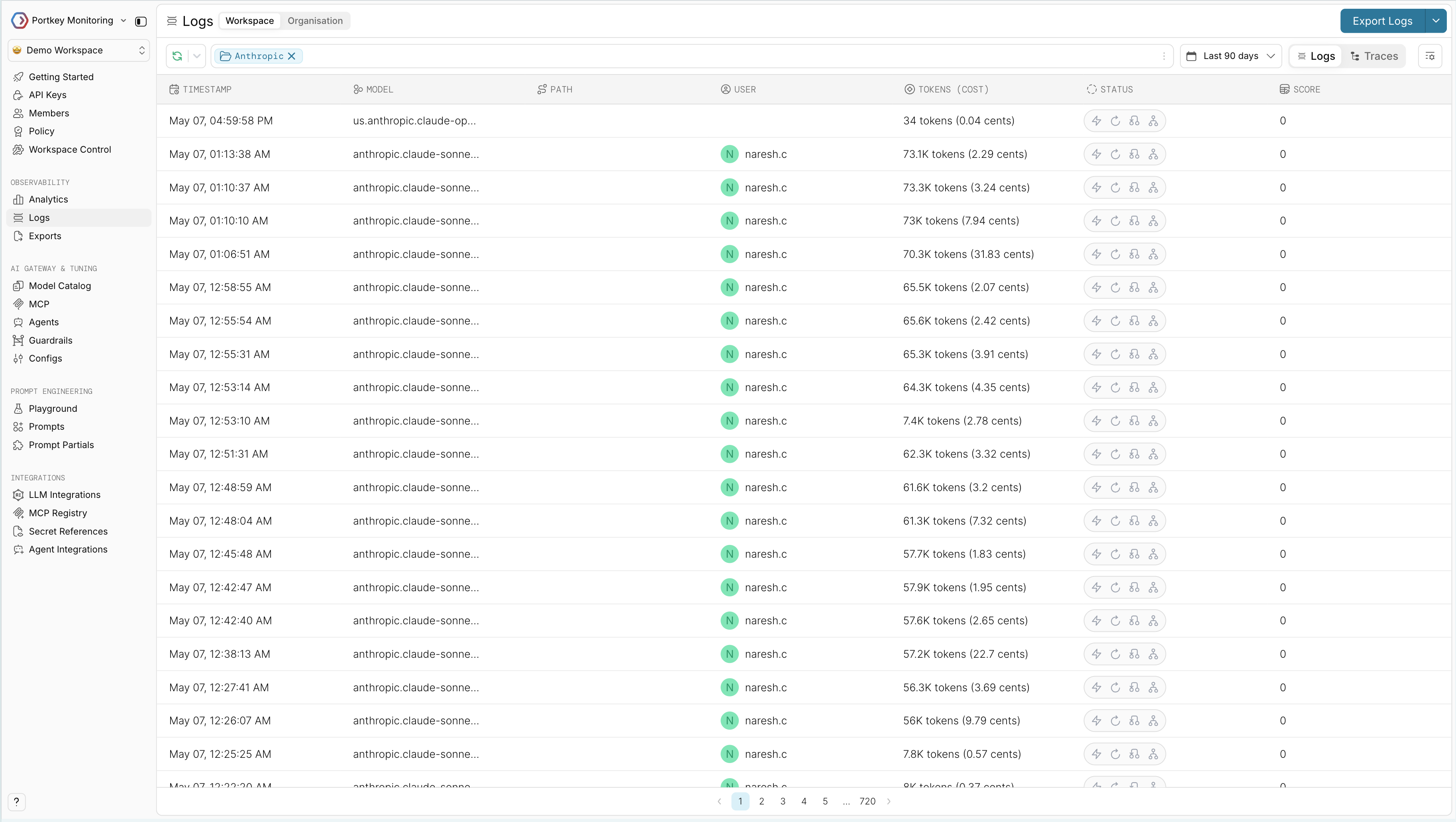 Portkey Logs view showing a Claude Desktop request with metadata, model, and cost