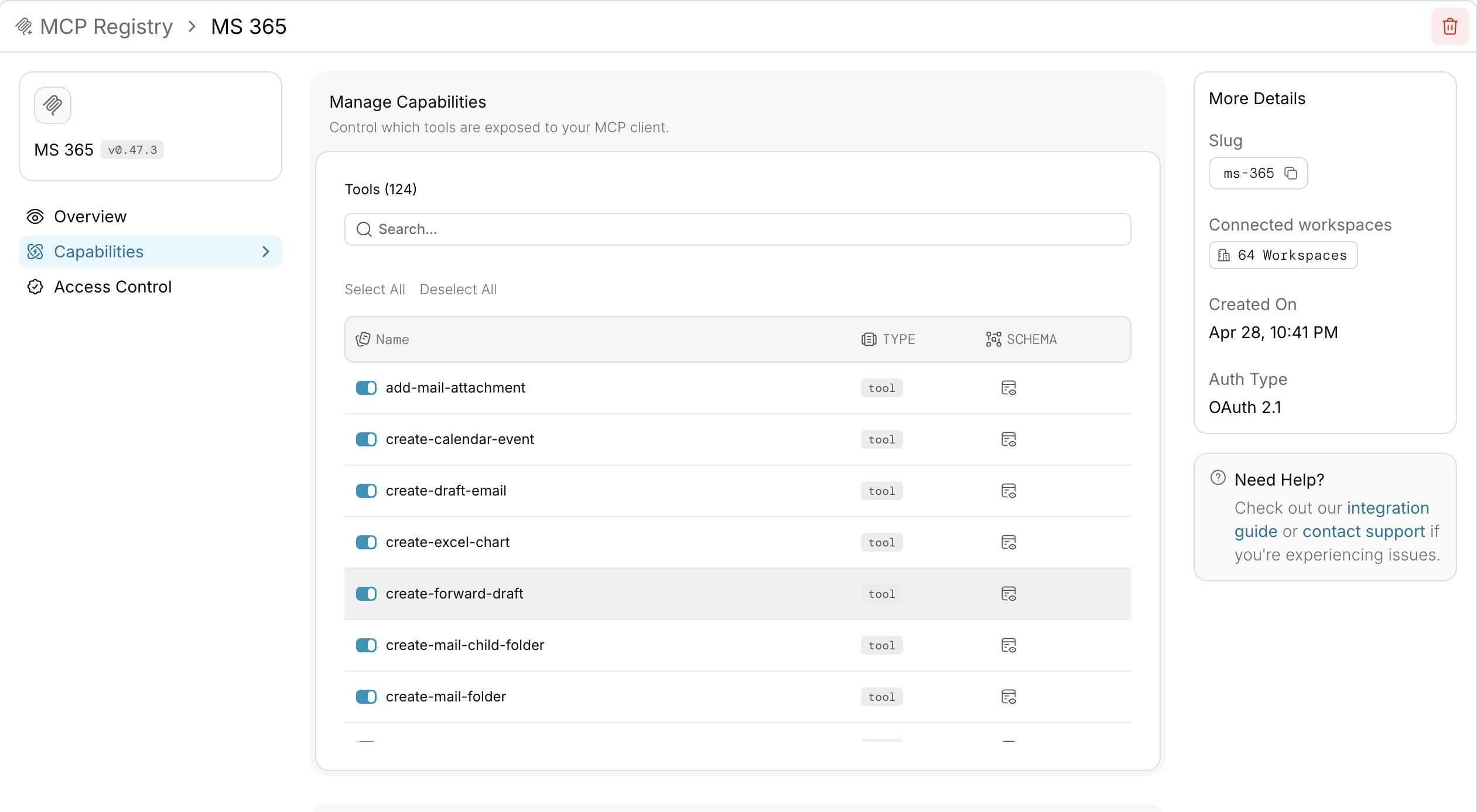 Capabilities tab