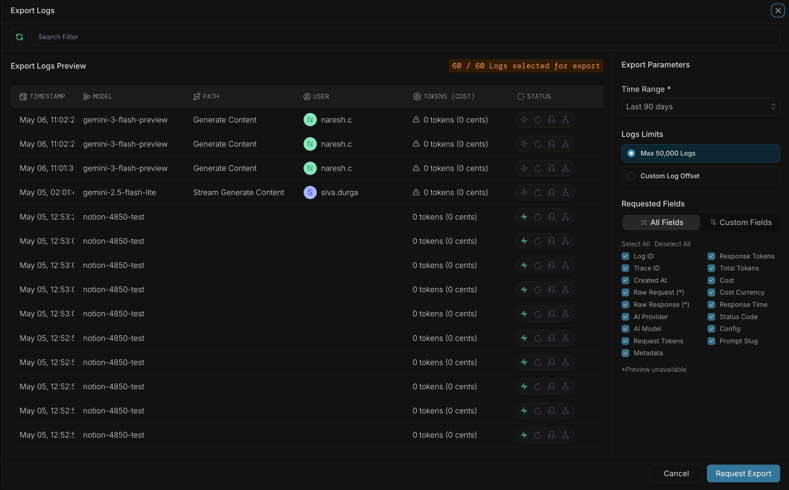 Export logs parameters configuration screen