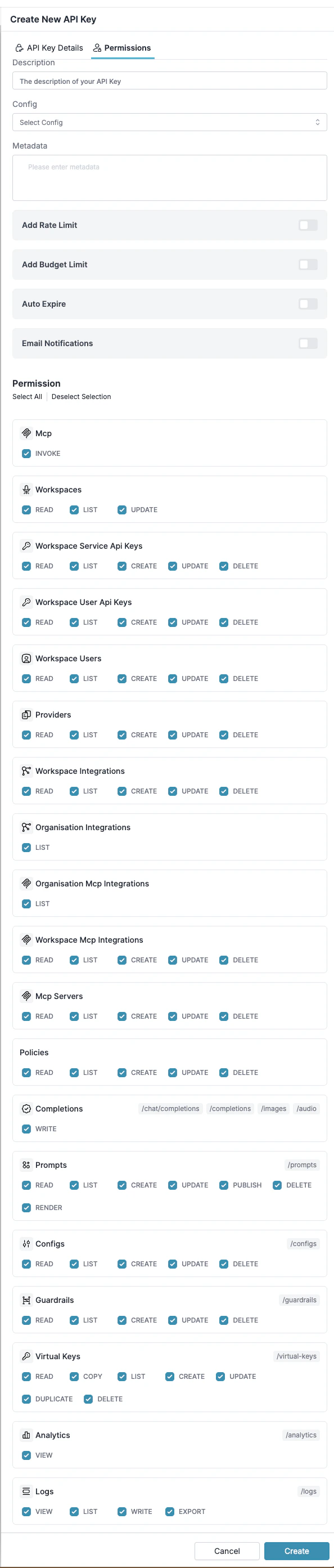 Workspace API key permission scopes