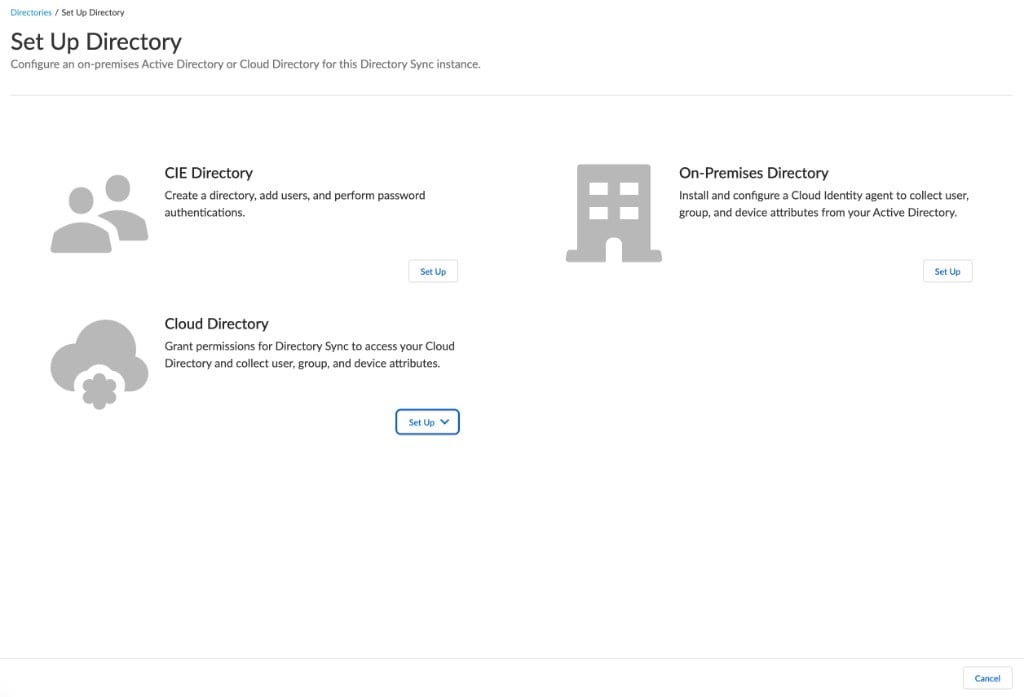 CIE "Set Up Directory" page — CIE Directory, On-Premises Directory, and Cloud Directory options