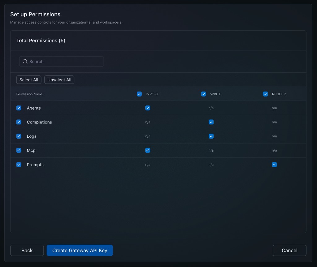 Set up Permissions — permission matrix for the API key