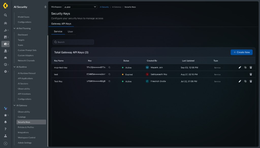 Security Keys page — Service tab showing existing service API keys