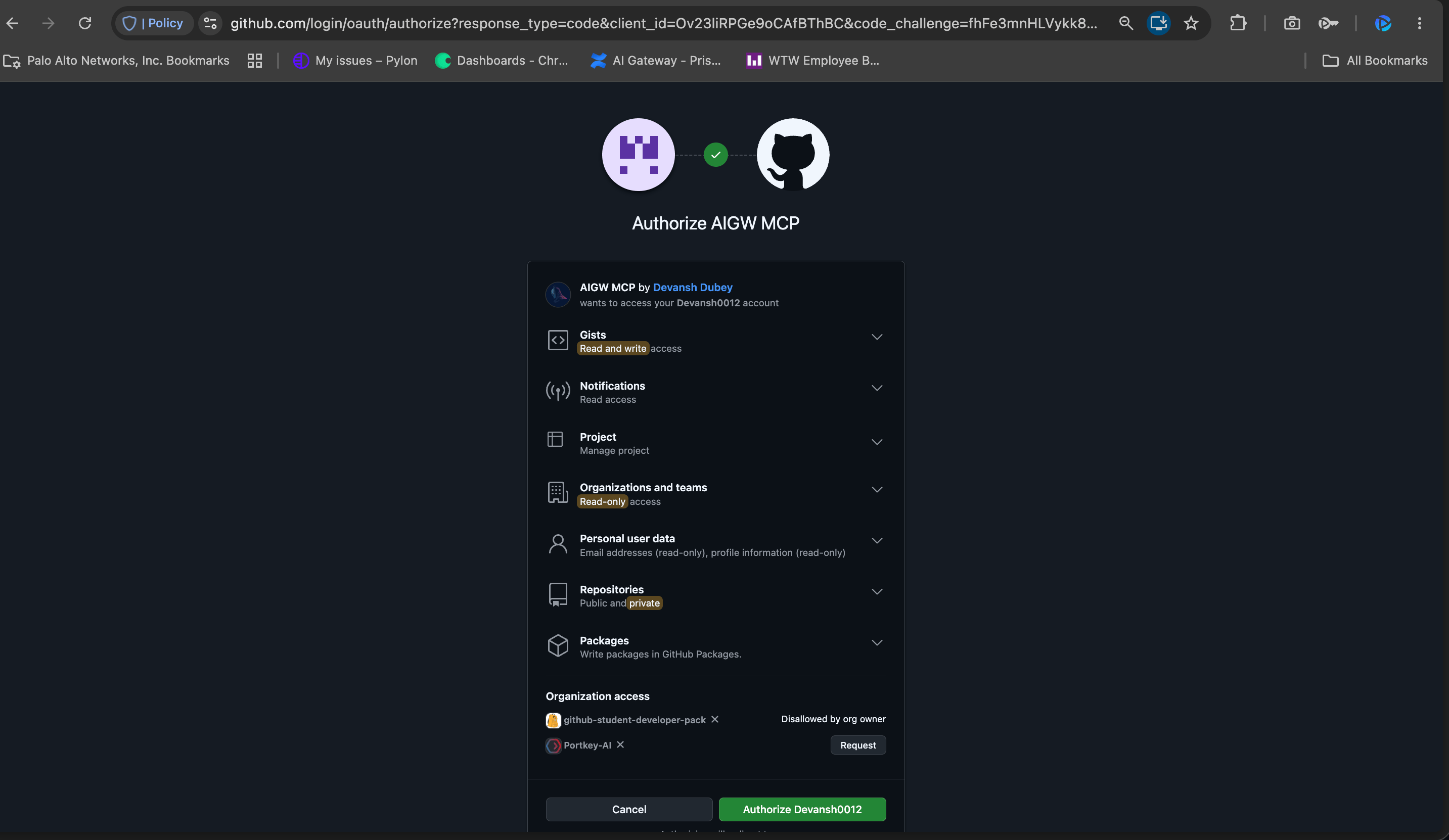 GitHub authorization page granting the OAuth App access to repositories, gists, and organisation data