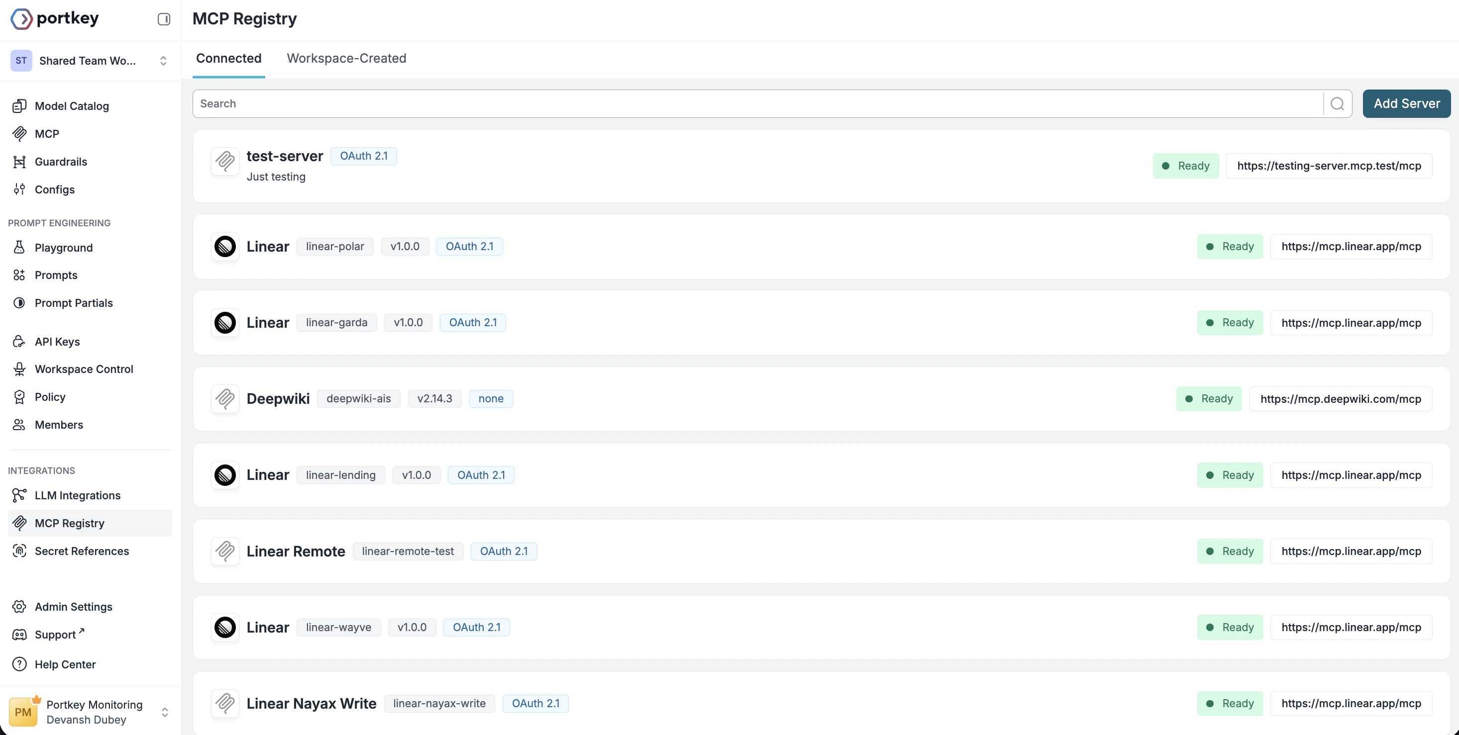 MCP Registry list with Add Server button