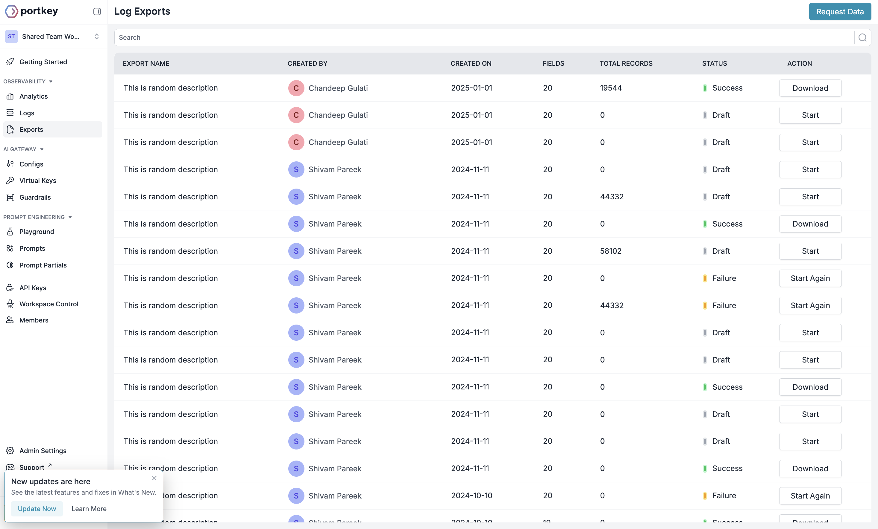 List of exports with status and download options