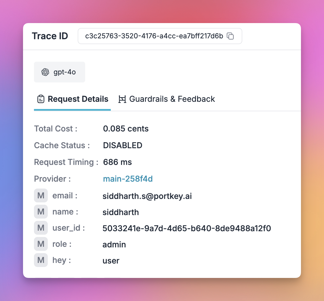 Portkey logs showing Open WebUI user metadata including email, name, role, and chat ID