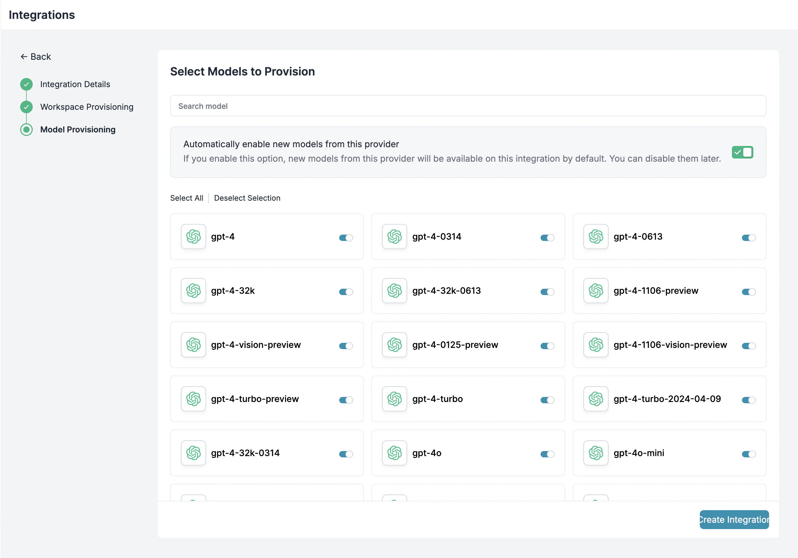 Model Provisioning Settings