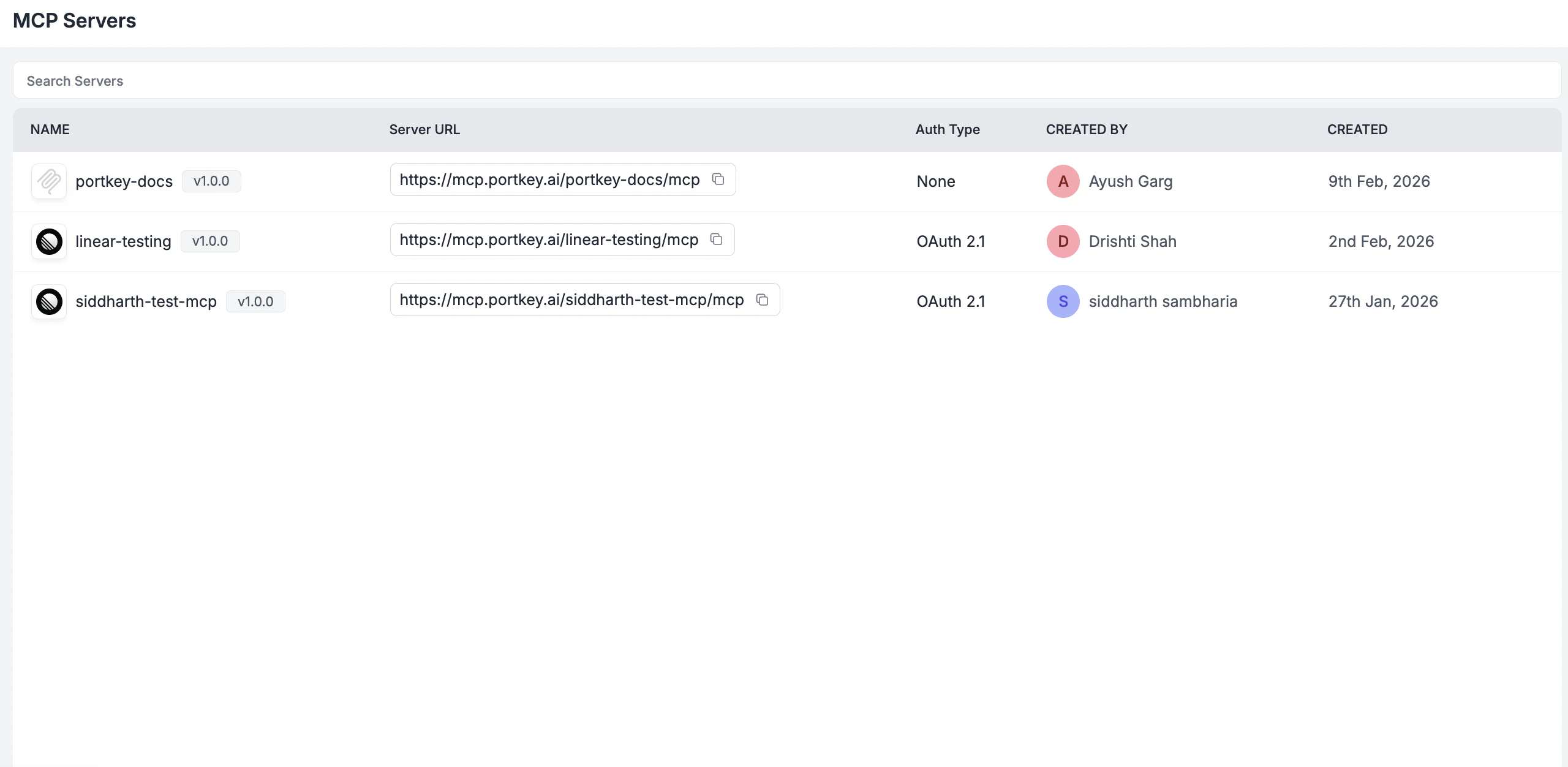 Workspace MCP page showing per-server connection URL