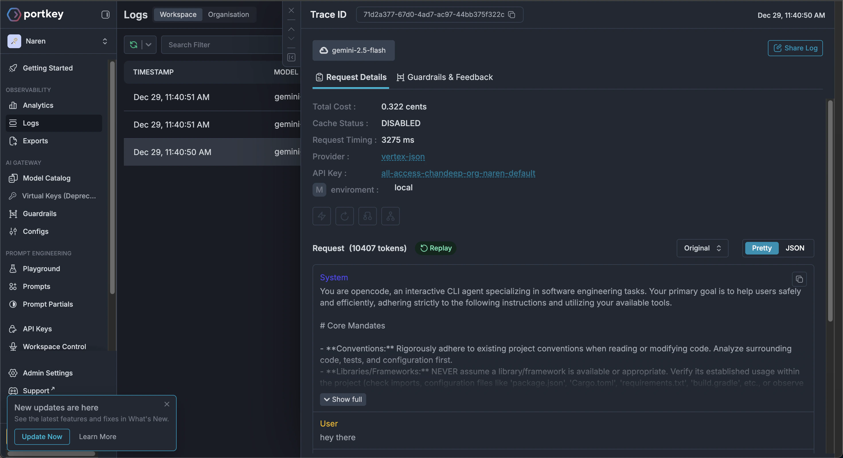 portkey dashboard opencode integration