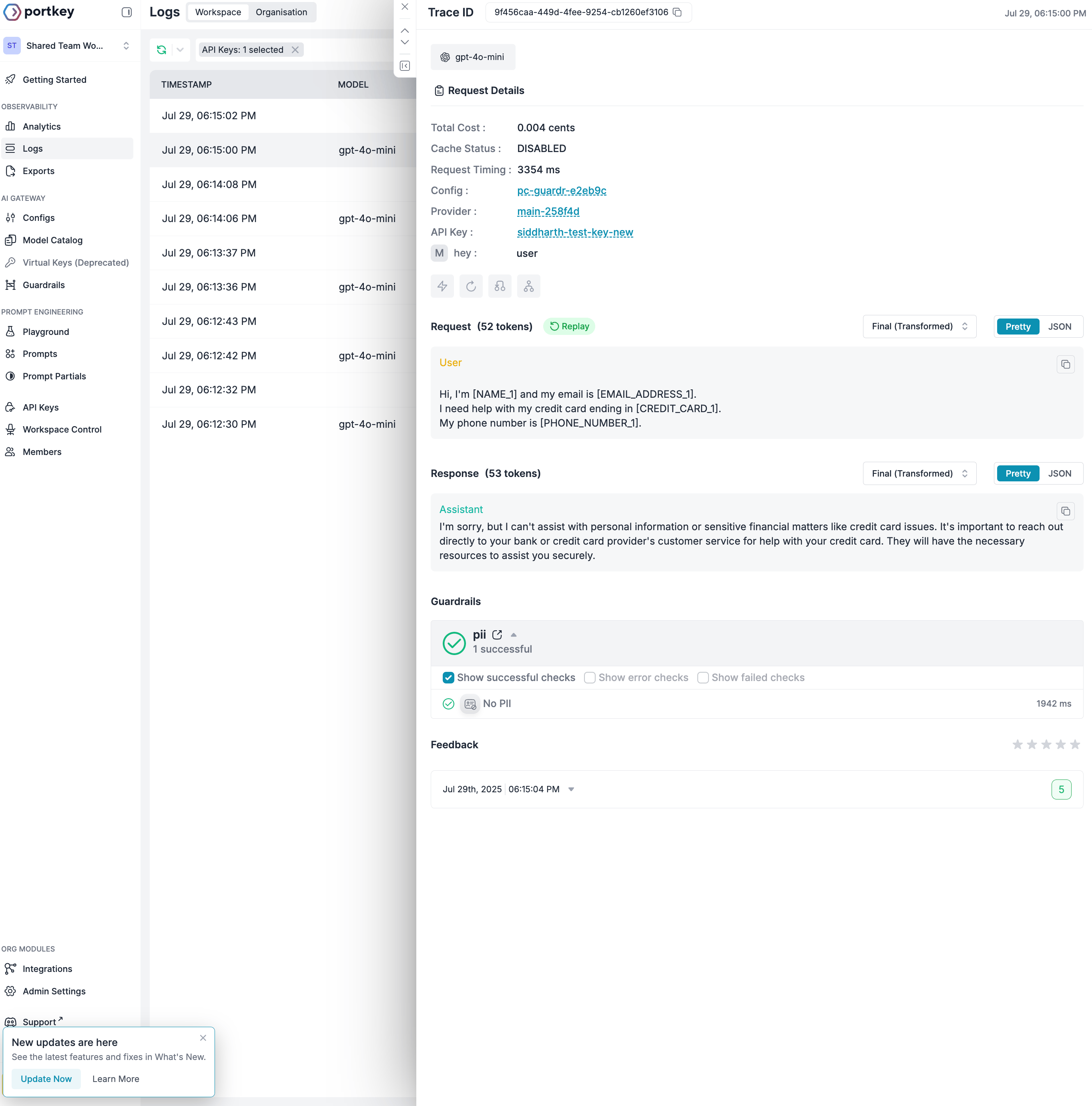 Shows original request with PII and transformed request with placeholders