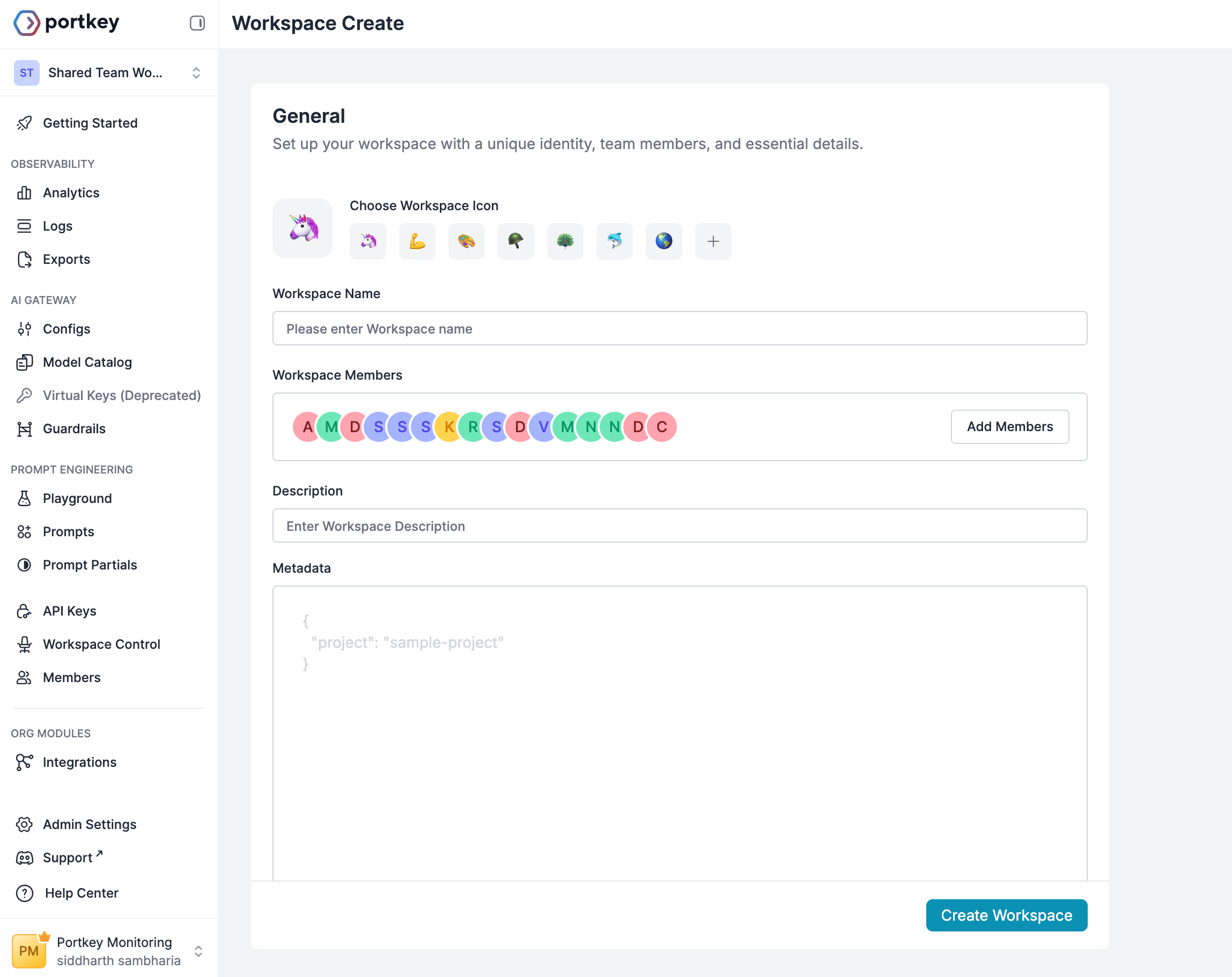 Workspace creation interface