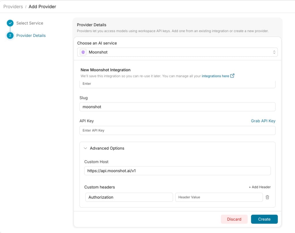 Moonshot provider setup showing Custom Host override in Advanced Options