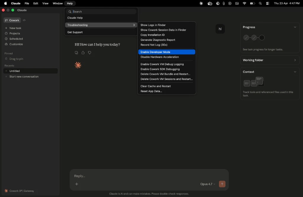 Enable Developer mode option under Help → Troubleshooting in Claude Desktop on macOS