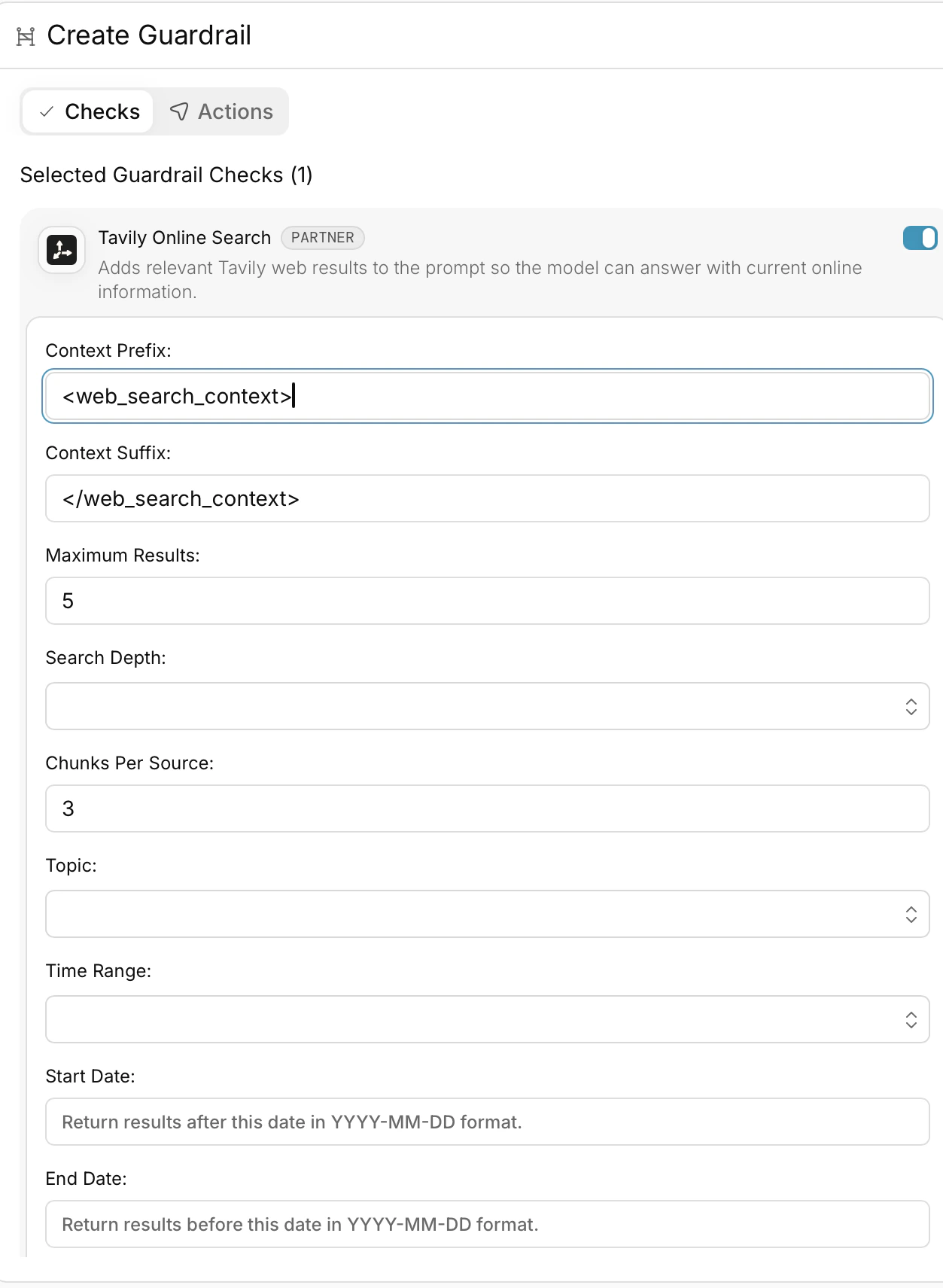 Tavily Online Search guardrail configuration in Portkey