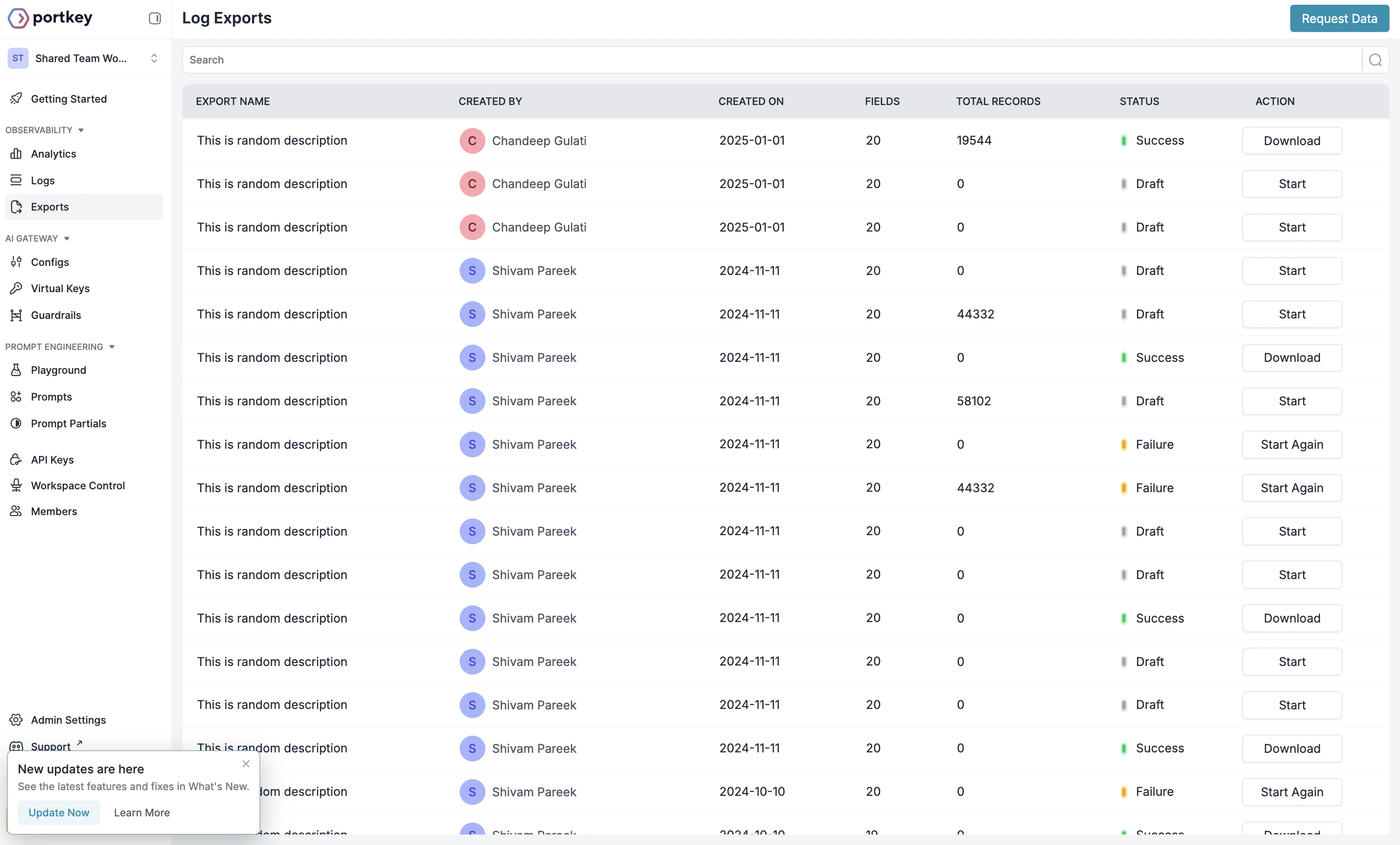 List of exports with status and download options
