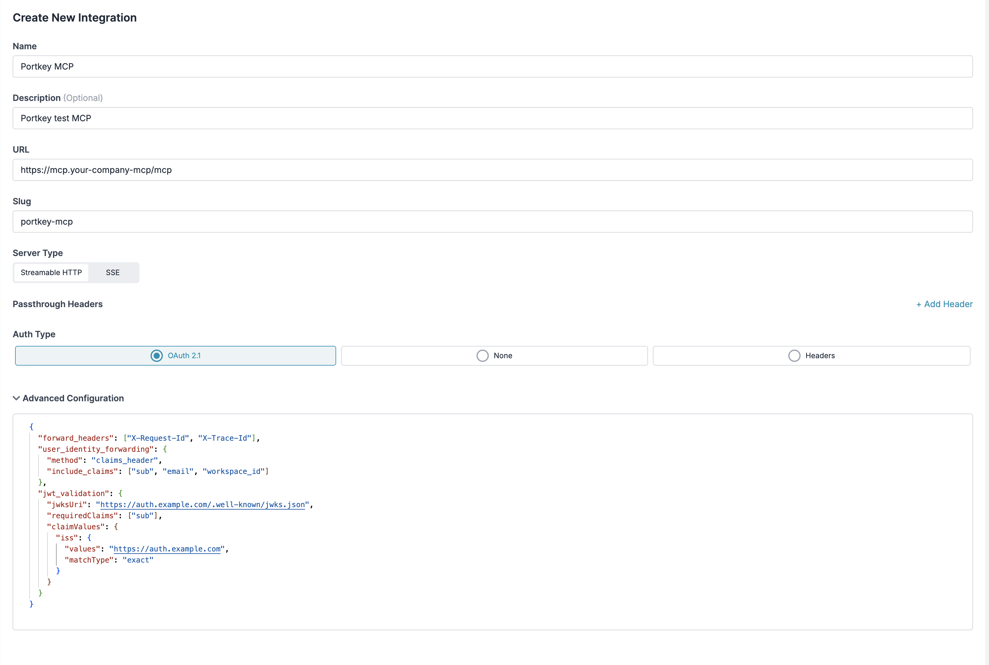 Advanced Configuration field in the MCP integration form