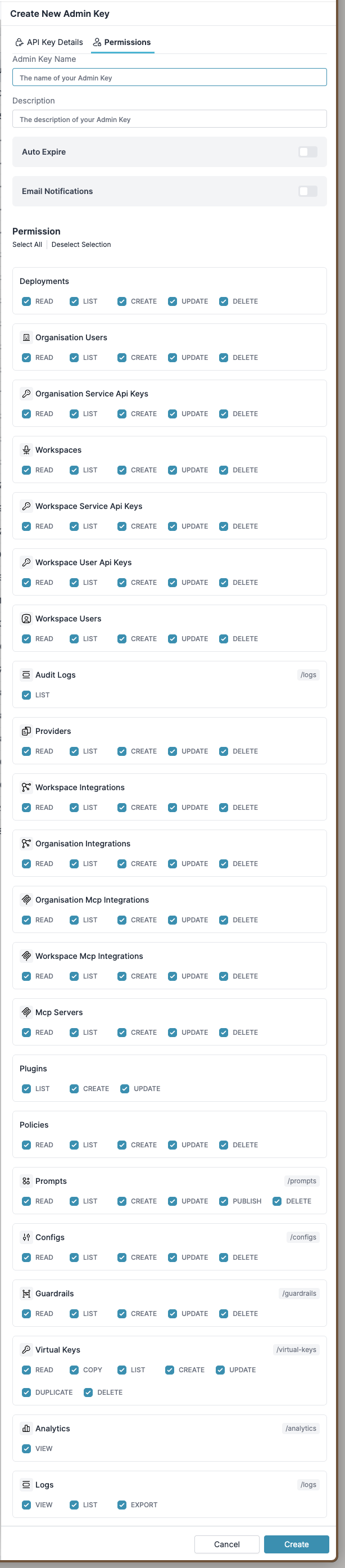 Admin API key permission scopes