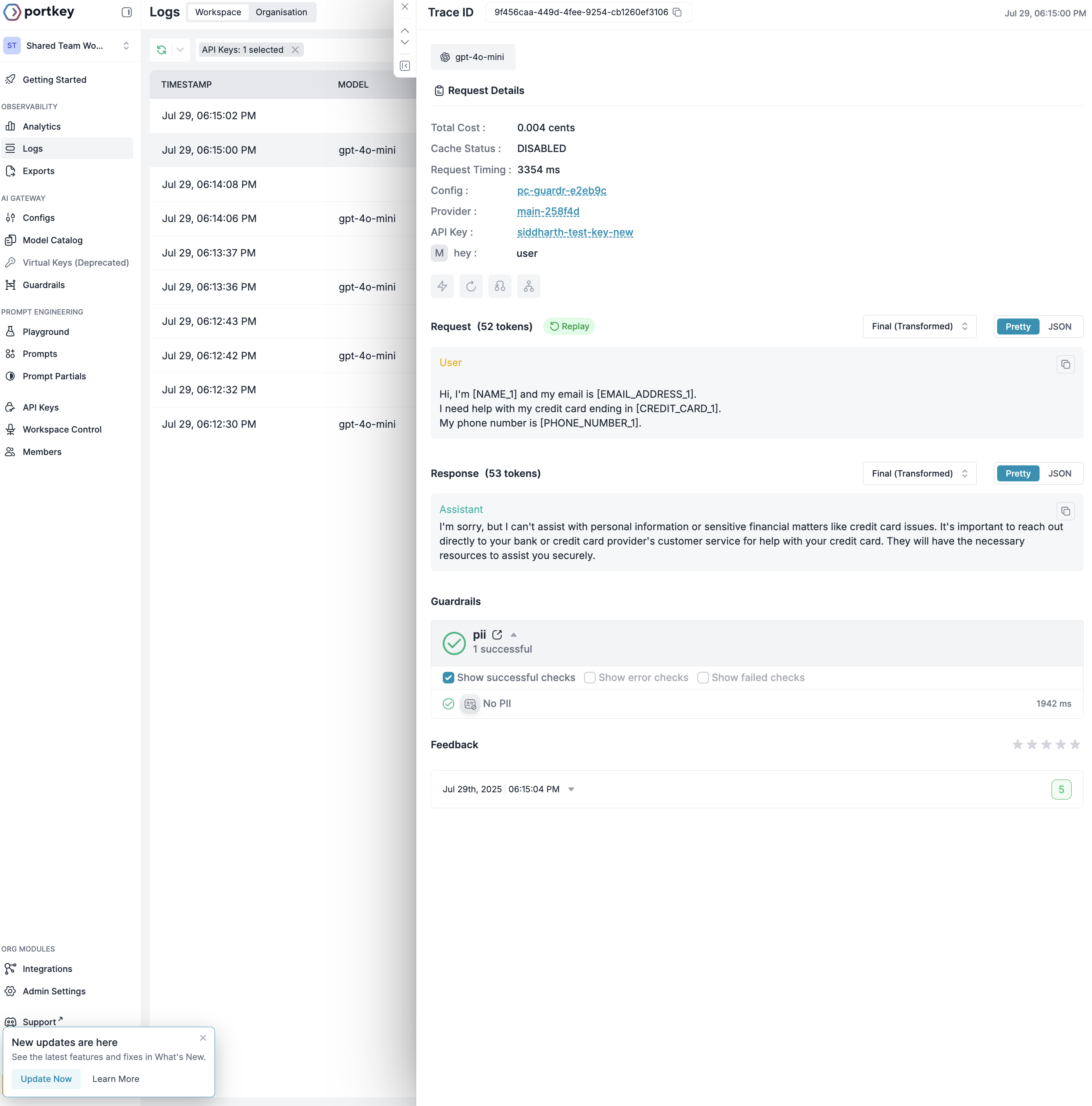 Shows original request with PII and transformed request with placeholders