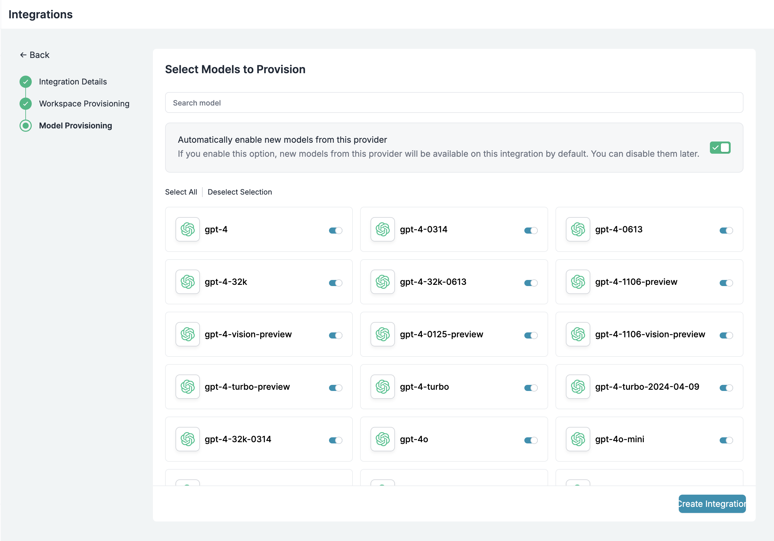 Model provisioning interface