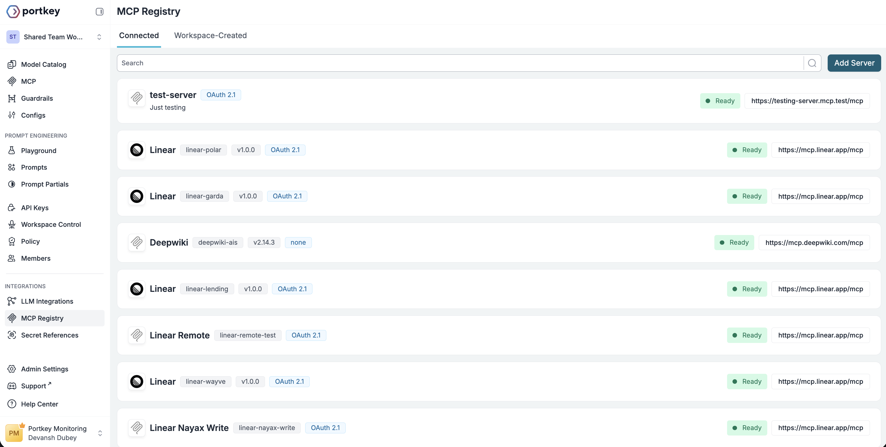 MCP Registry list with Add Server button