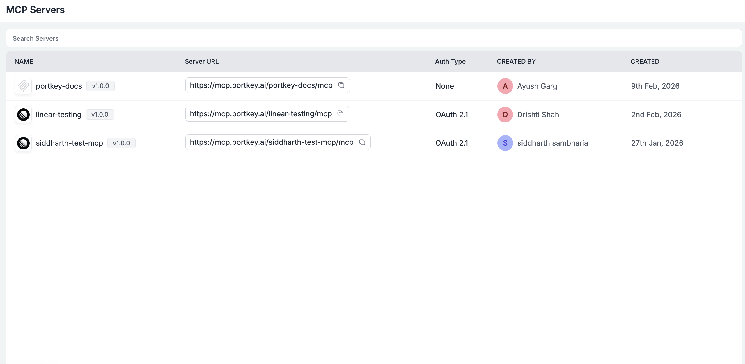 Workspace MCP page showing per-server connection URL