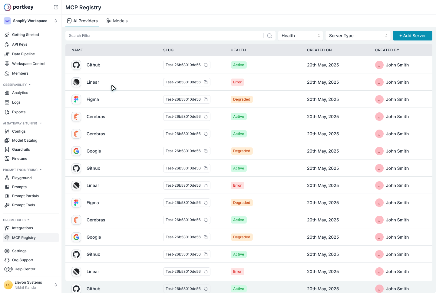 MCP Registry showing connected servers