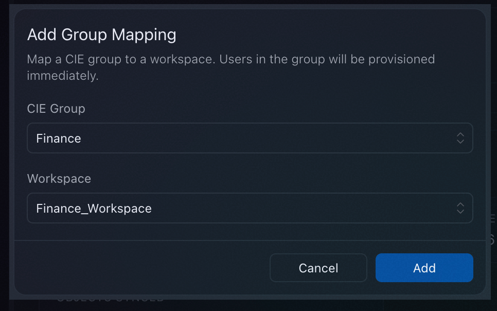 Add Group Mapping dialog — select a CIE Group and a Workspace, then click Add
