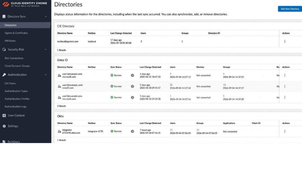 CIE Directories listing — showing CIE Directory, Entra ID, and Okta directories with sync status, user/group counts, and last sync times