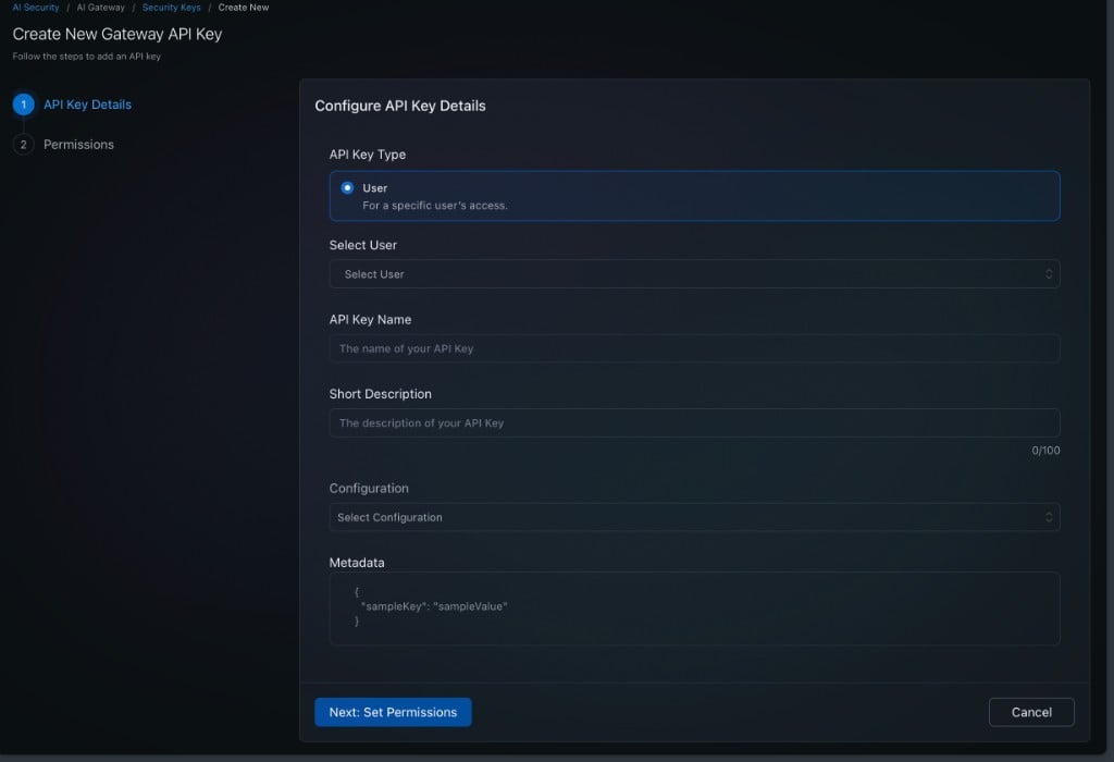 Create API Key — Step 1: Configure API Key Details with User type selected