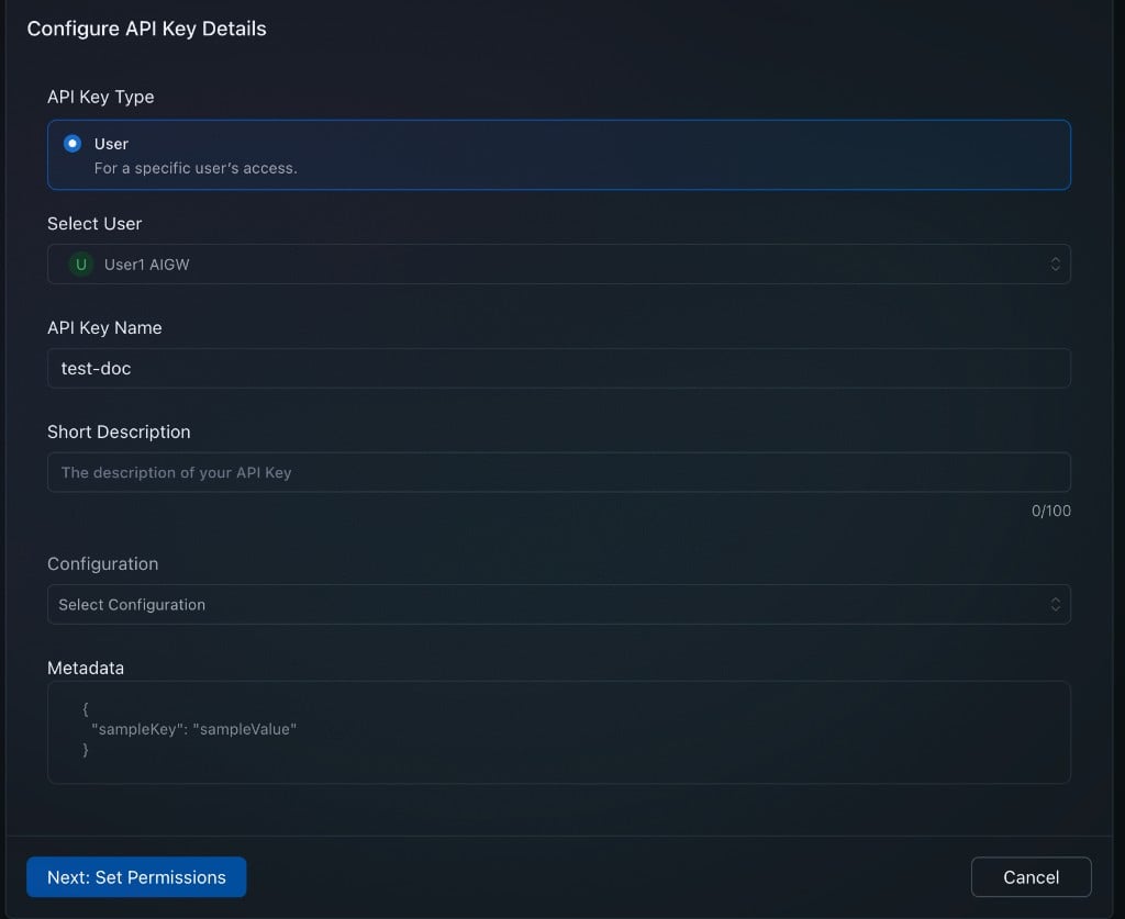 Filled form — User1 AIGW selected with key name "test-doc"