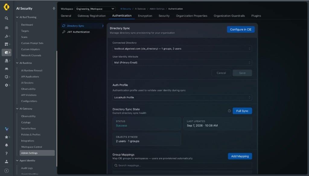 SCM AI Gateway Directory Sync configuration page — Connected Directory, User Identity Attribute, Auth Profile, Sync State, and Group Mappings