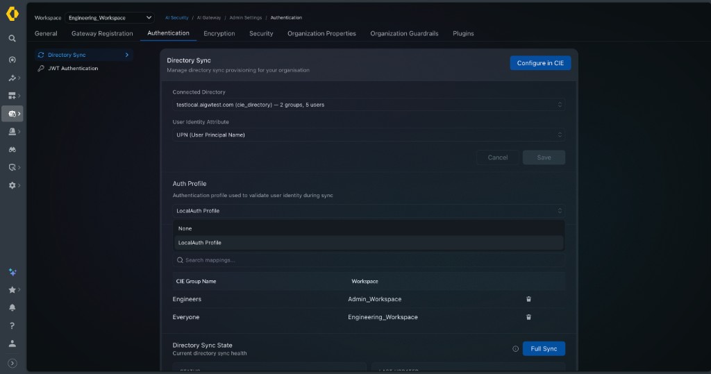 Directory Sync configuration — Auth Profile dropdown showing available authentication profiles