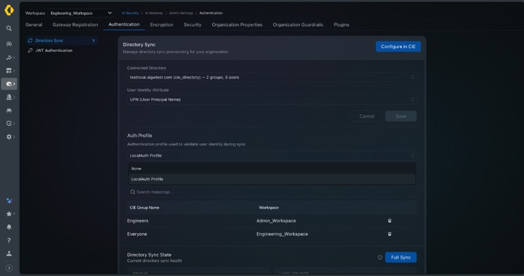 Directory Sync configuration — Auth Profile dropdown showing available authentication profiles