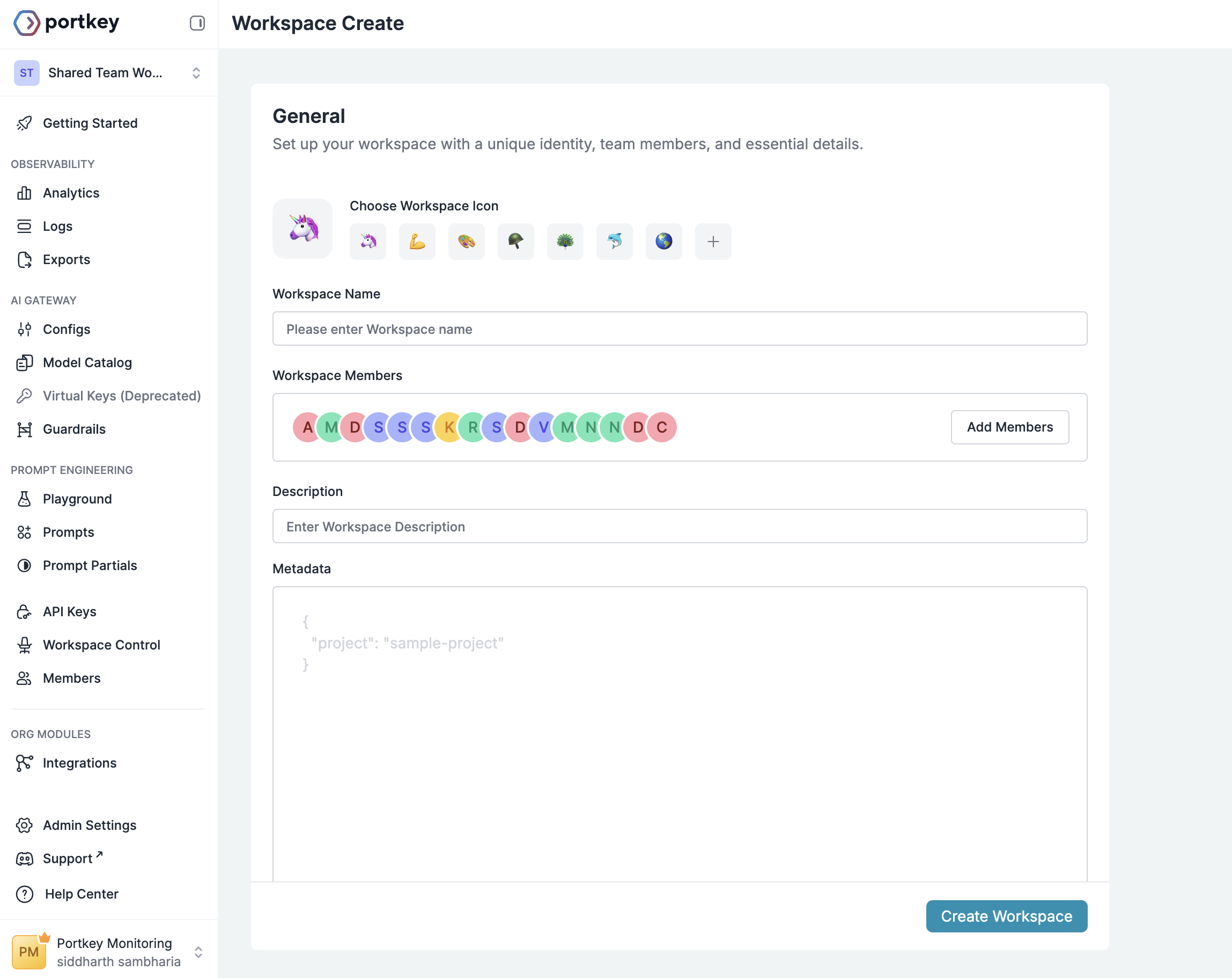 Workspace creation interface
