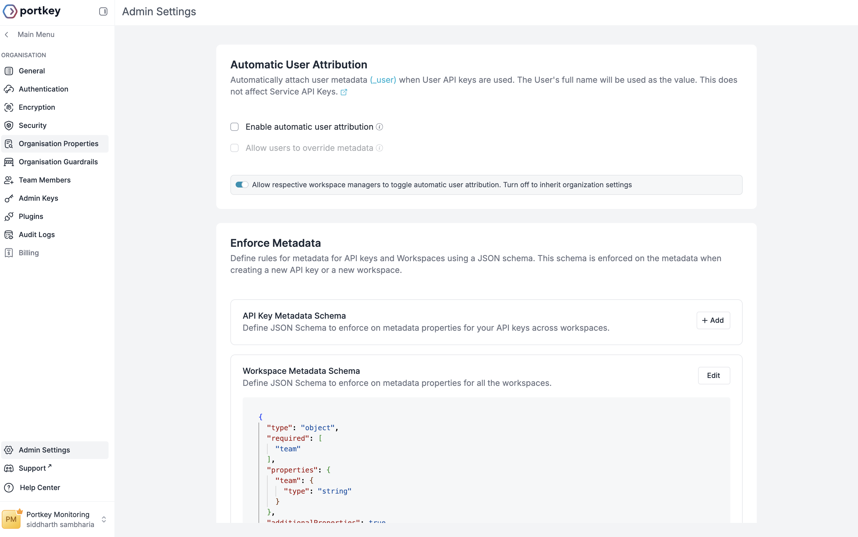 Organization settings page