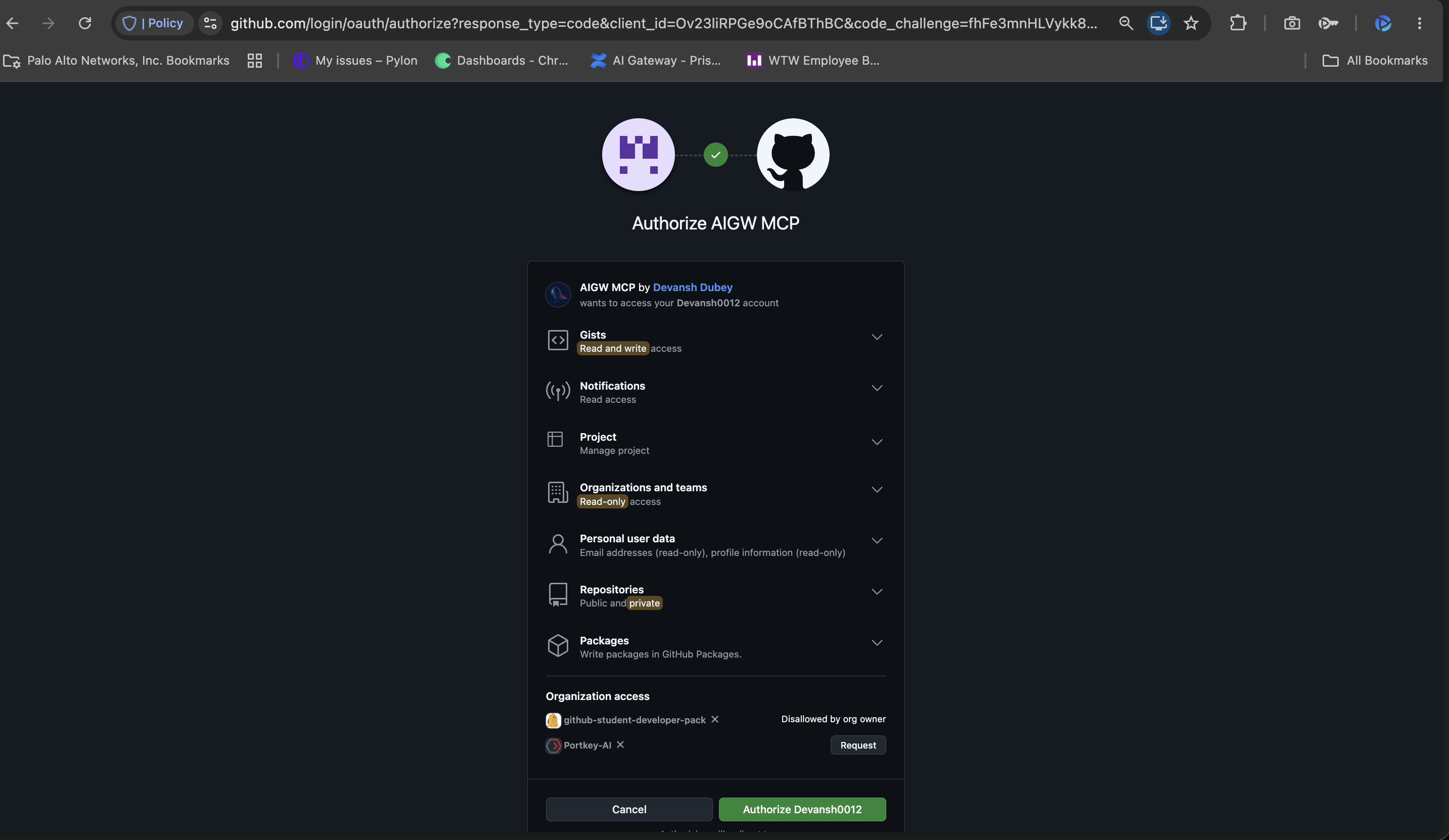 GitHub authorization page granting the OAuth App access to repositories, gists, and organisation data