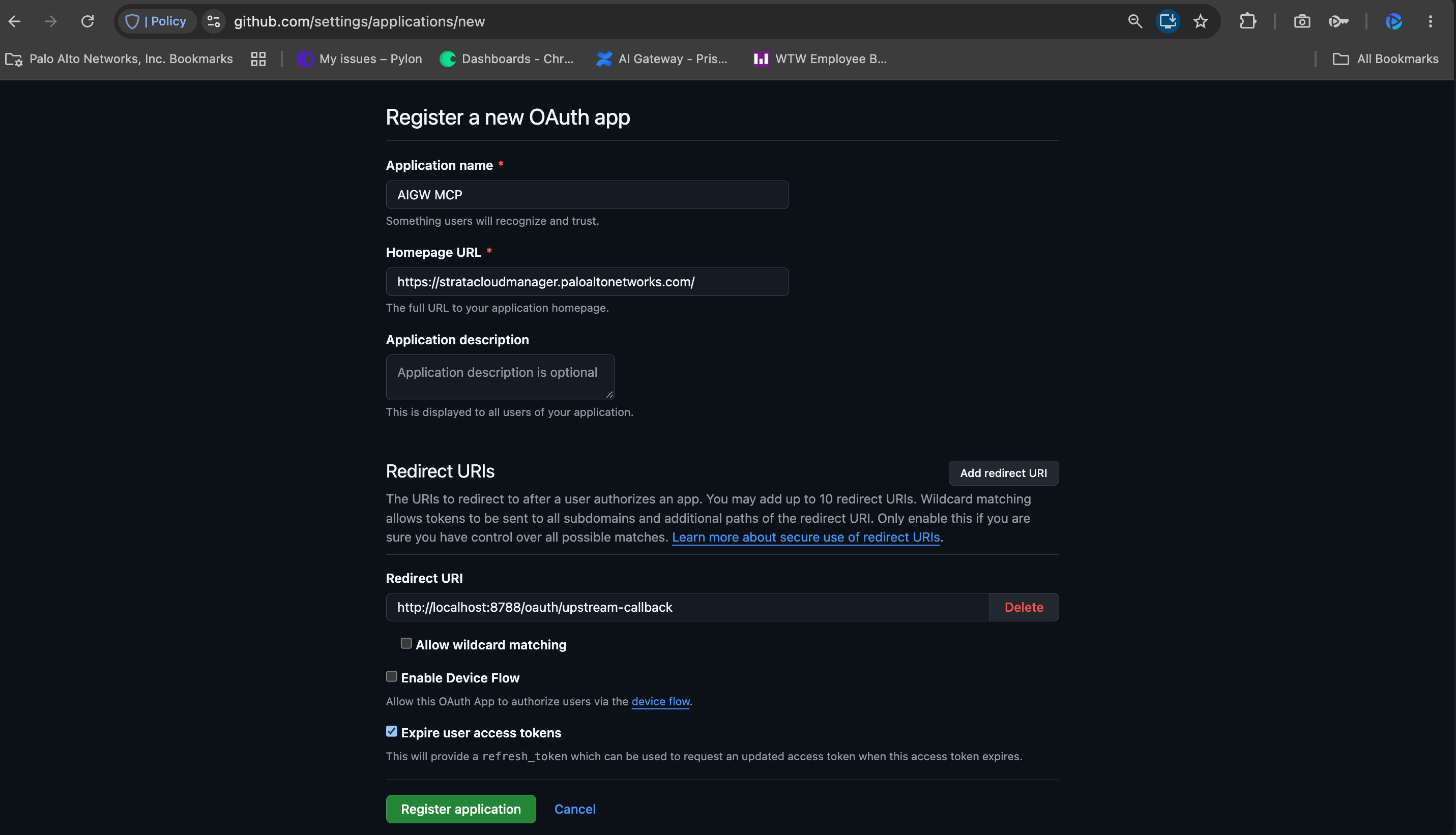Registering the GitHub OAuth App with the MCP Gateway upstream callback as the redirect URI