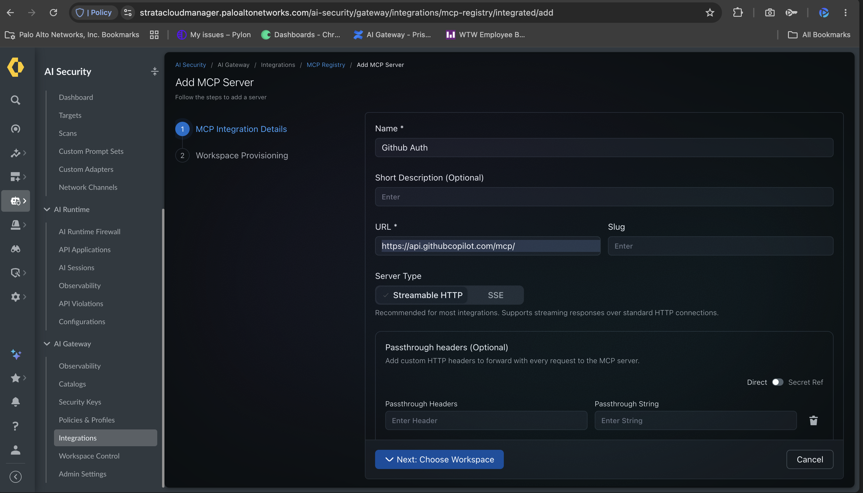 Add MCP Server form in SCM with the GitHub MCP endpoint and Streamable HTTP server type