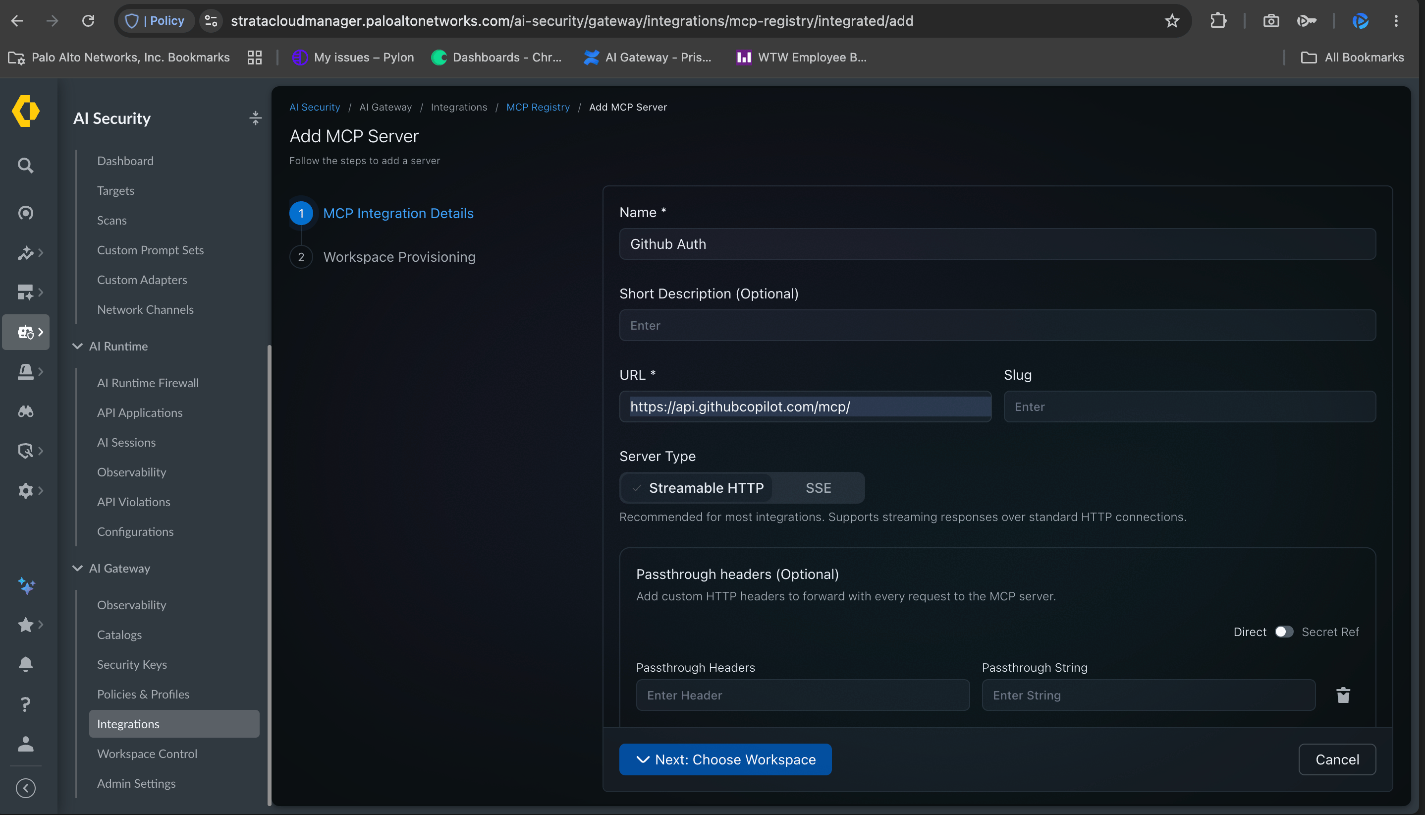 Add MCP Server form in SCM with the GitHub MCP endpoint and Streamable HTTP server type