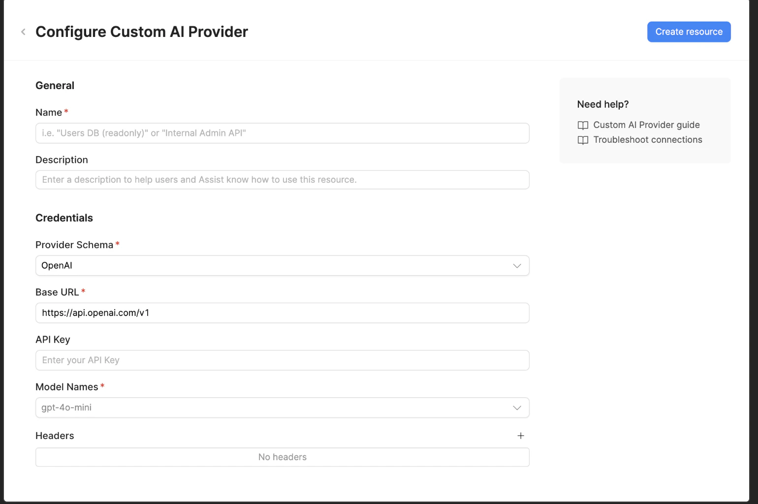 Retool Custom AI Provider resource configuration with Portkey settings