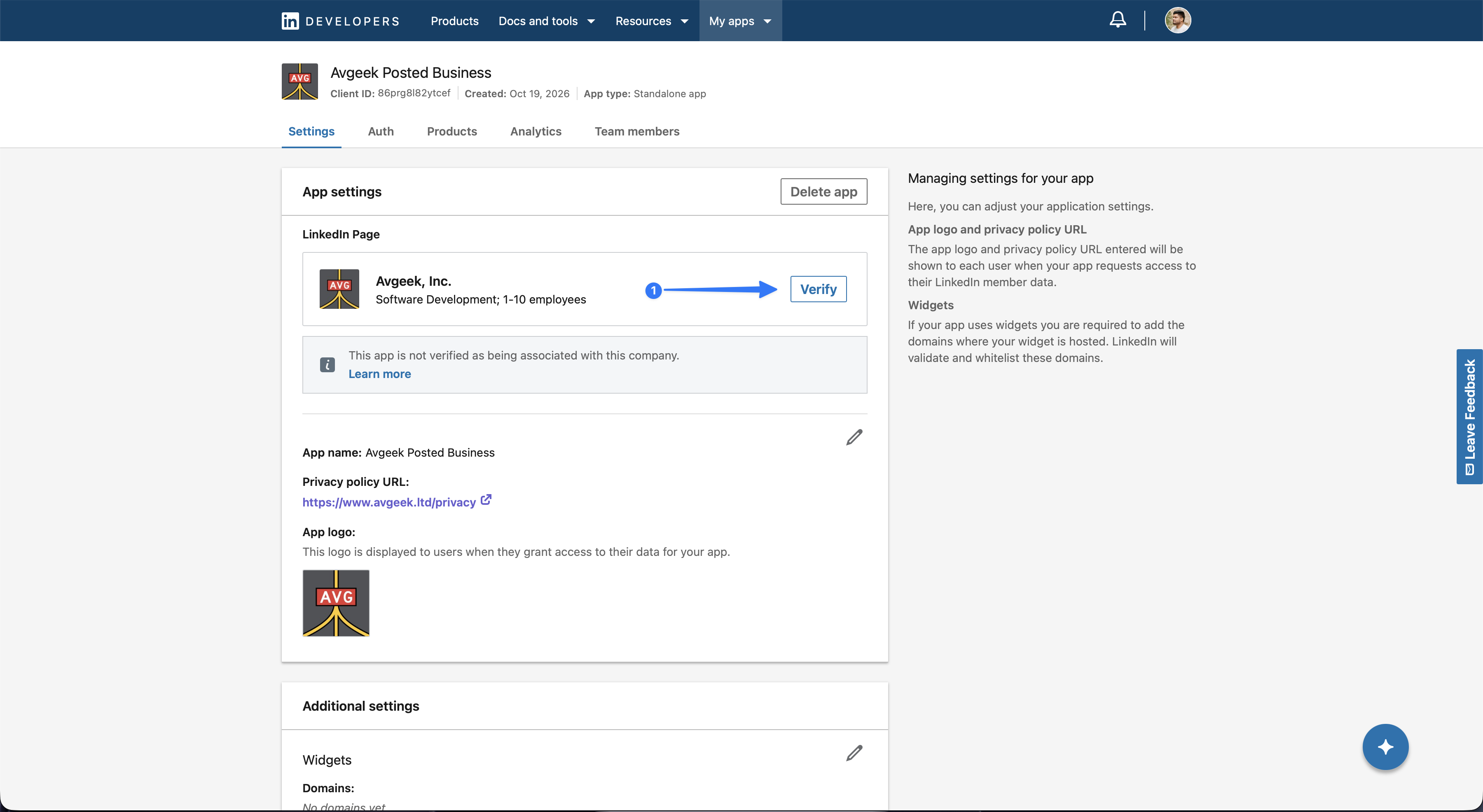 LinkedIn Pages setup: verify the new application.