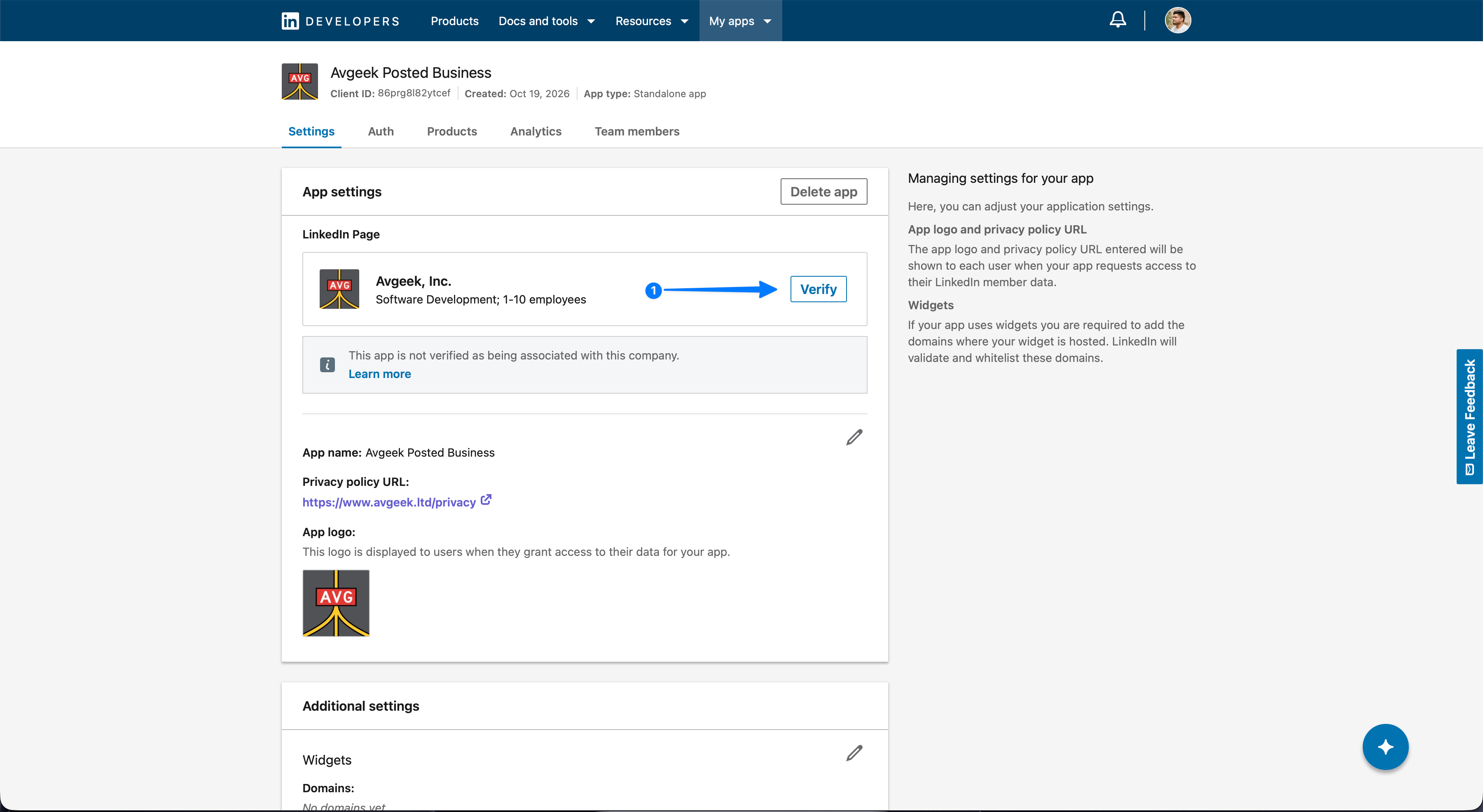 LinkedIn Pages setup: verify the new application.