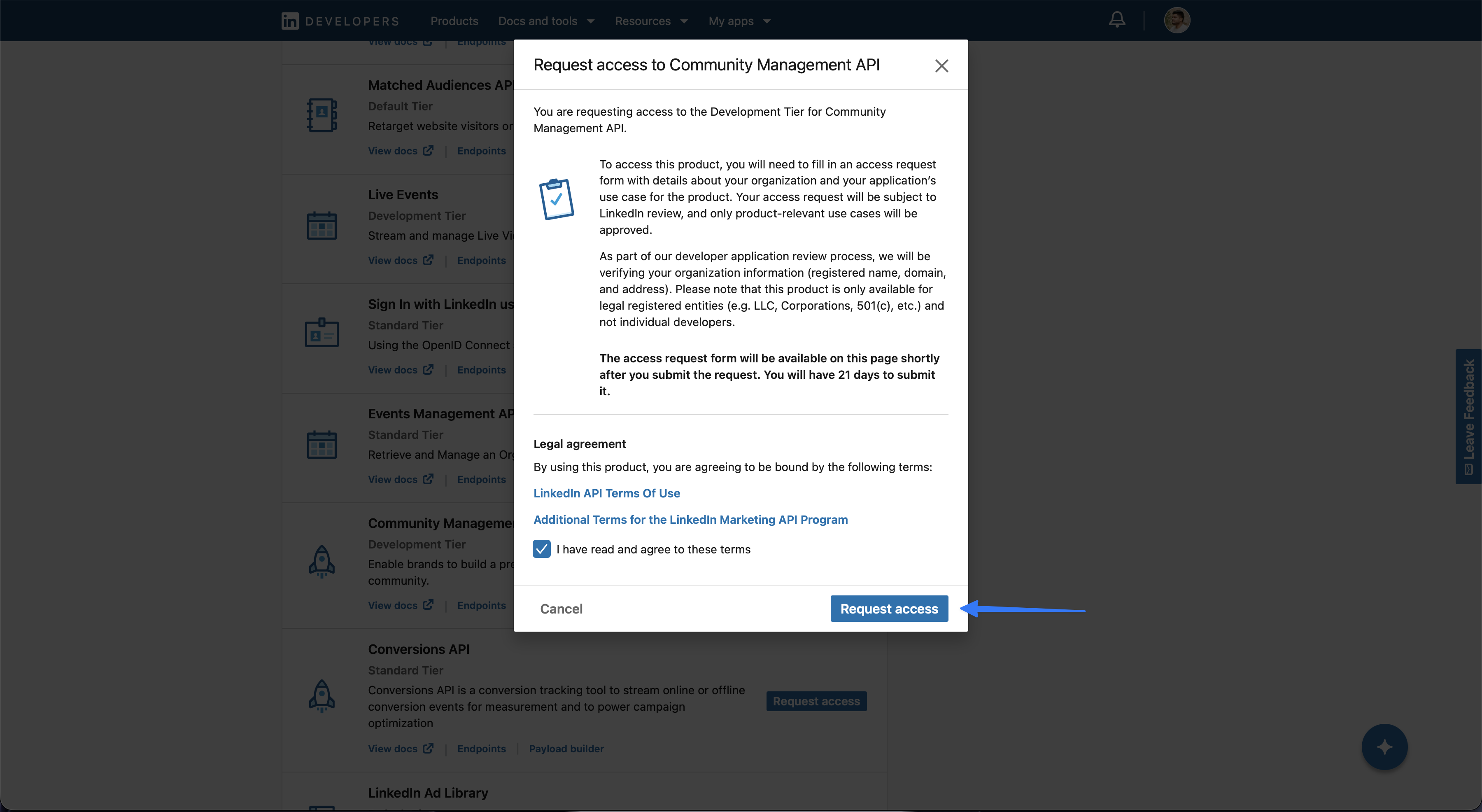 LinkedIn Pages setup: submit the access request.
