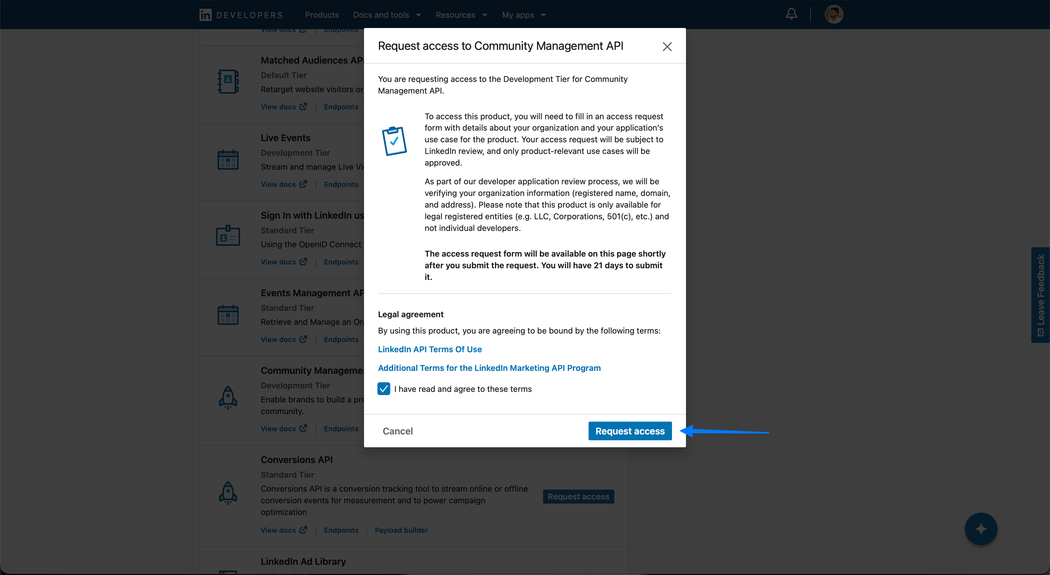 LinkedIn Pages setup: submit the access request.