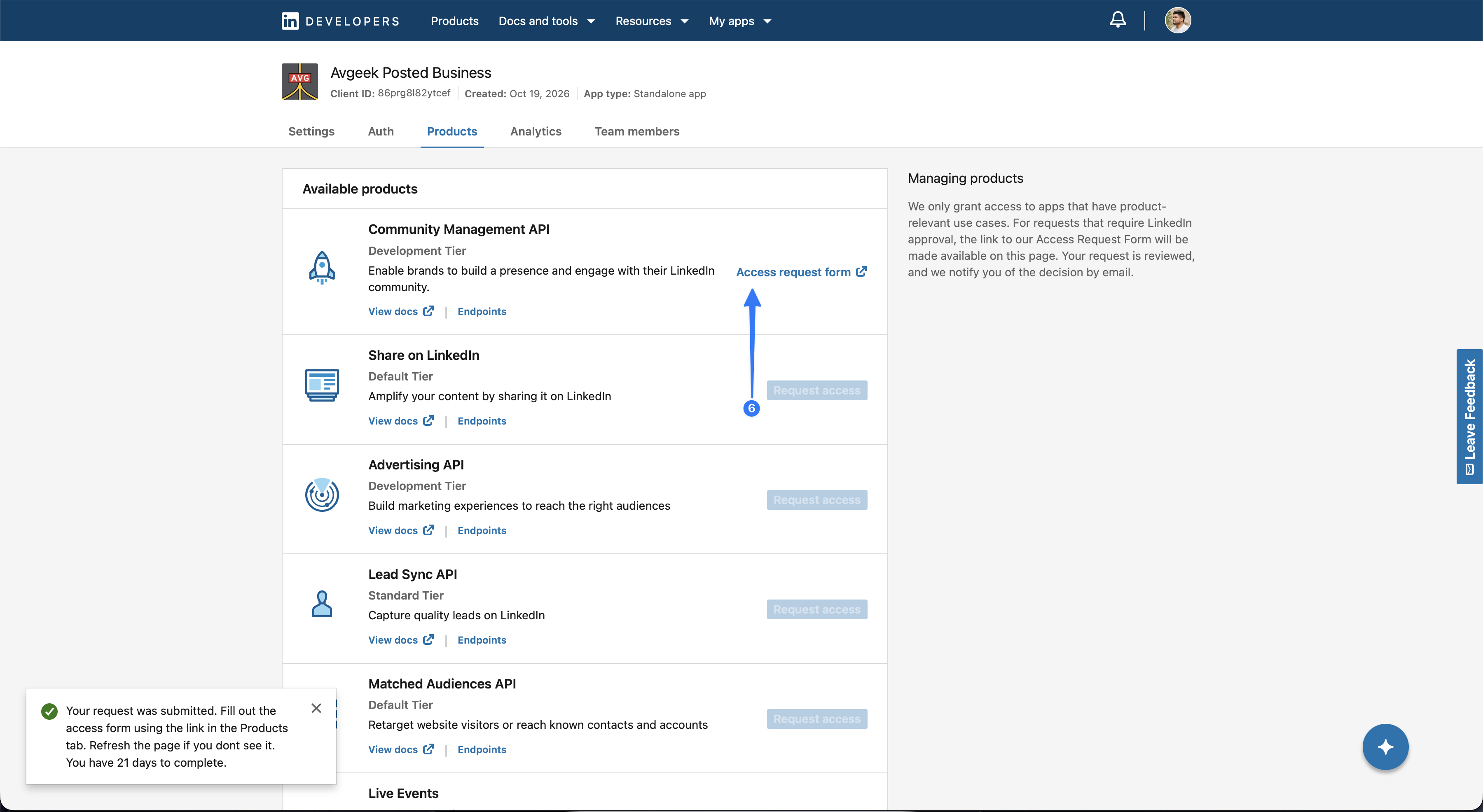 LinkedIn Pages setup: open the access request form.